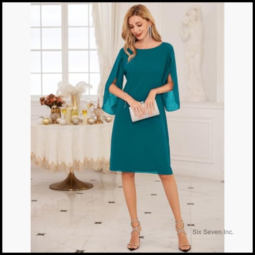 Chiffon Cocktail Dress with 3/4 Petal Sleeves and V-Back - Picture 6 of 7